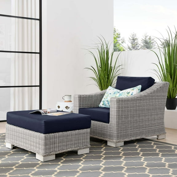 Modway Conway Outdoor Patio Wicker Rattan 2-Piece Armchair and Ottoman Set in Light Gray Navy