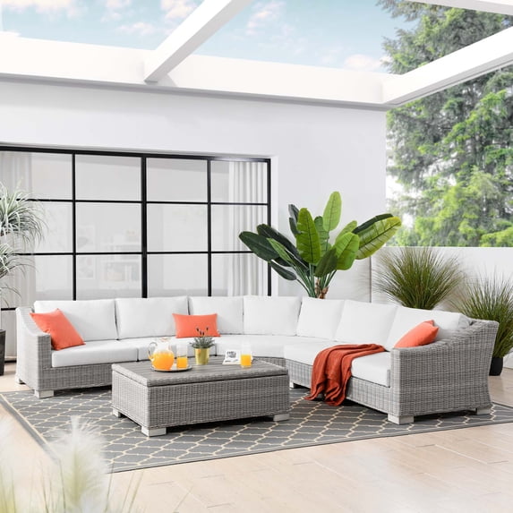 Modway Conway Outdoor Patio Wicker Rattan 6-Piece Sectional Sofa Furniture Set in Light Gray White