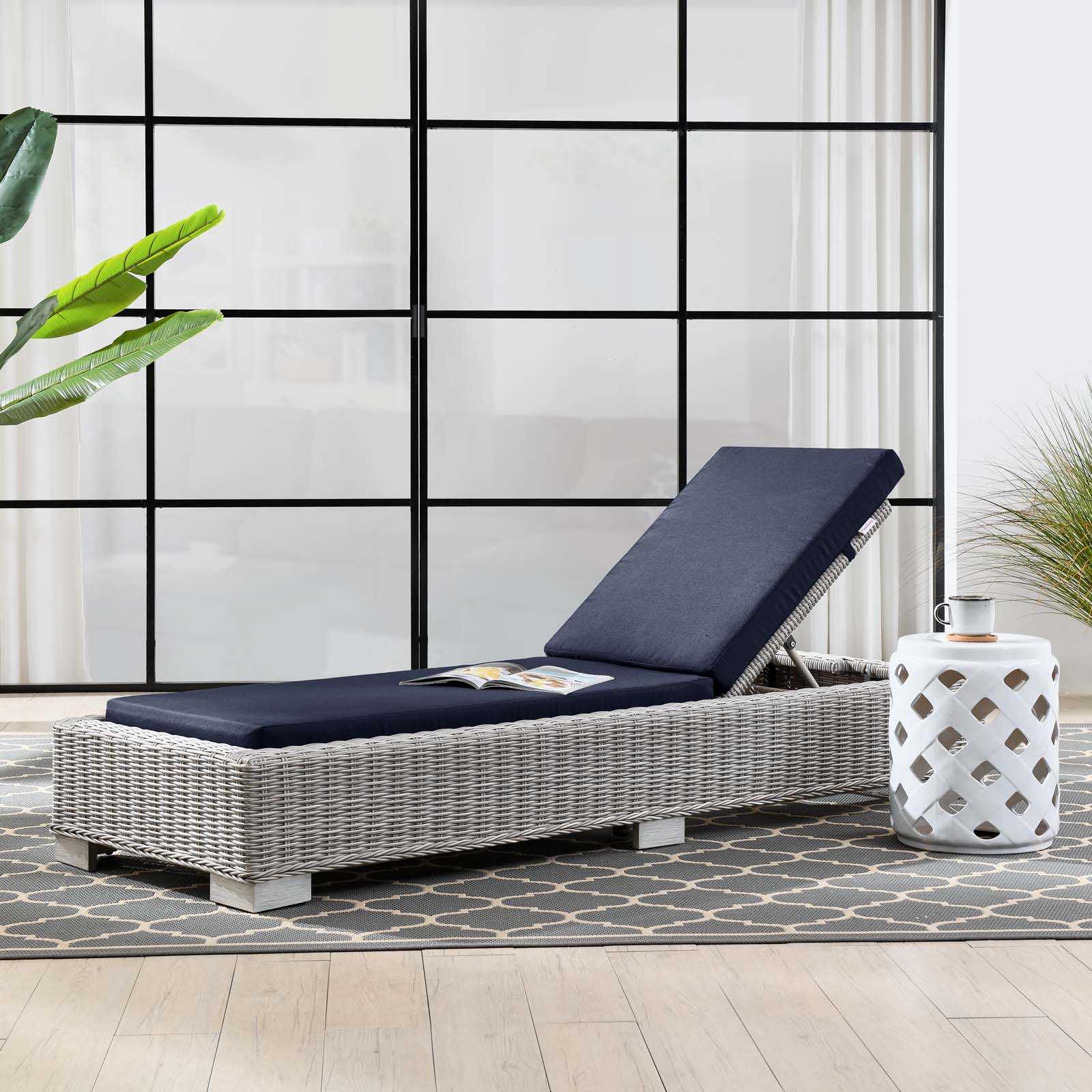 Modway Conway Outdoor Patio Wicker Rattan Chaise Lounge in Light Gray Navy - image 1 of 9