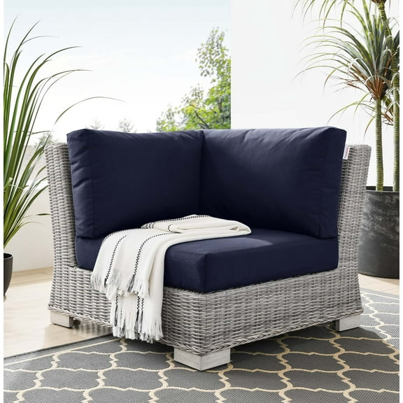 Modway Conway Outdoor Patio Wicker Rattan Corner Chair in Light Gray Navy