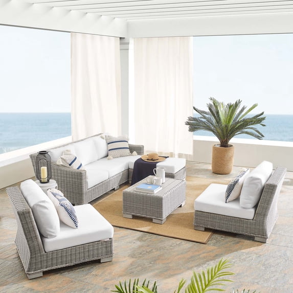 Modway Conway Sunbrella® Outdoor Patio Wicker Rattan 5-Piece Furniture Set in Light Gray White