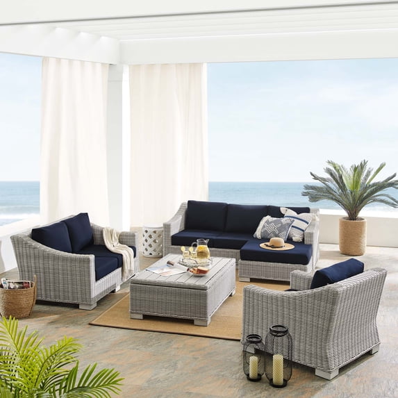 Modway Conway Sunbrella® Outdoor Patio Wicker Rattan 5-Piece Furniture Set in Light Gray Navy