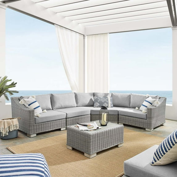 Modway Conway Sunbrella? Outdoor Patio Wicker Rattan 5-Piece Sectional Sofa Set in Light Gray Gray