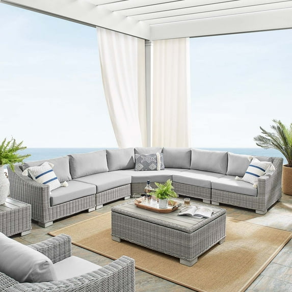 Modway Conway Sunbrella? Outdoor Patio Wicker Rattan 6-Piece Sectional Sofa Set in Light Gray Gray