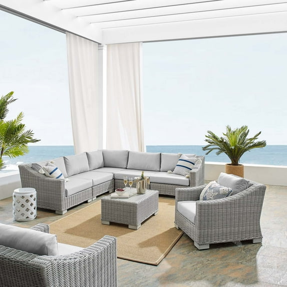 Modway Conway Sunbrella? Outdoor Patio Wicker Rattan 7-Piece Sectional Sofa Set in Light Gray Gray