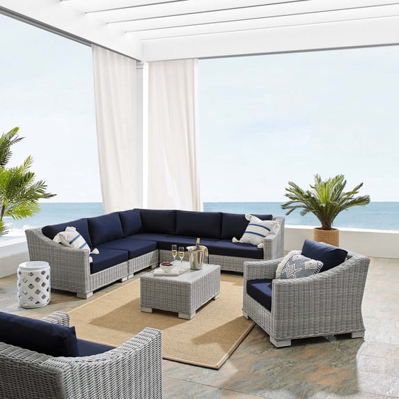 Modway Conway Sunbrella® Outdoor Patio Wicker Rattan 7-Piece Sectional Sofa Set in Light Gray Navy