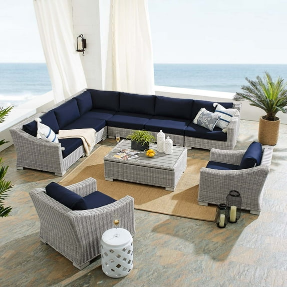 Modway Conway Sunbrella® Outdoor Patio Wicker Rattan 9-Piece Sectional Sofa Set in Light Gray Navy