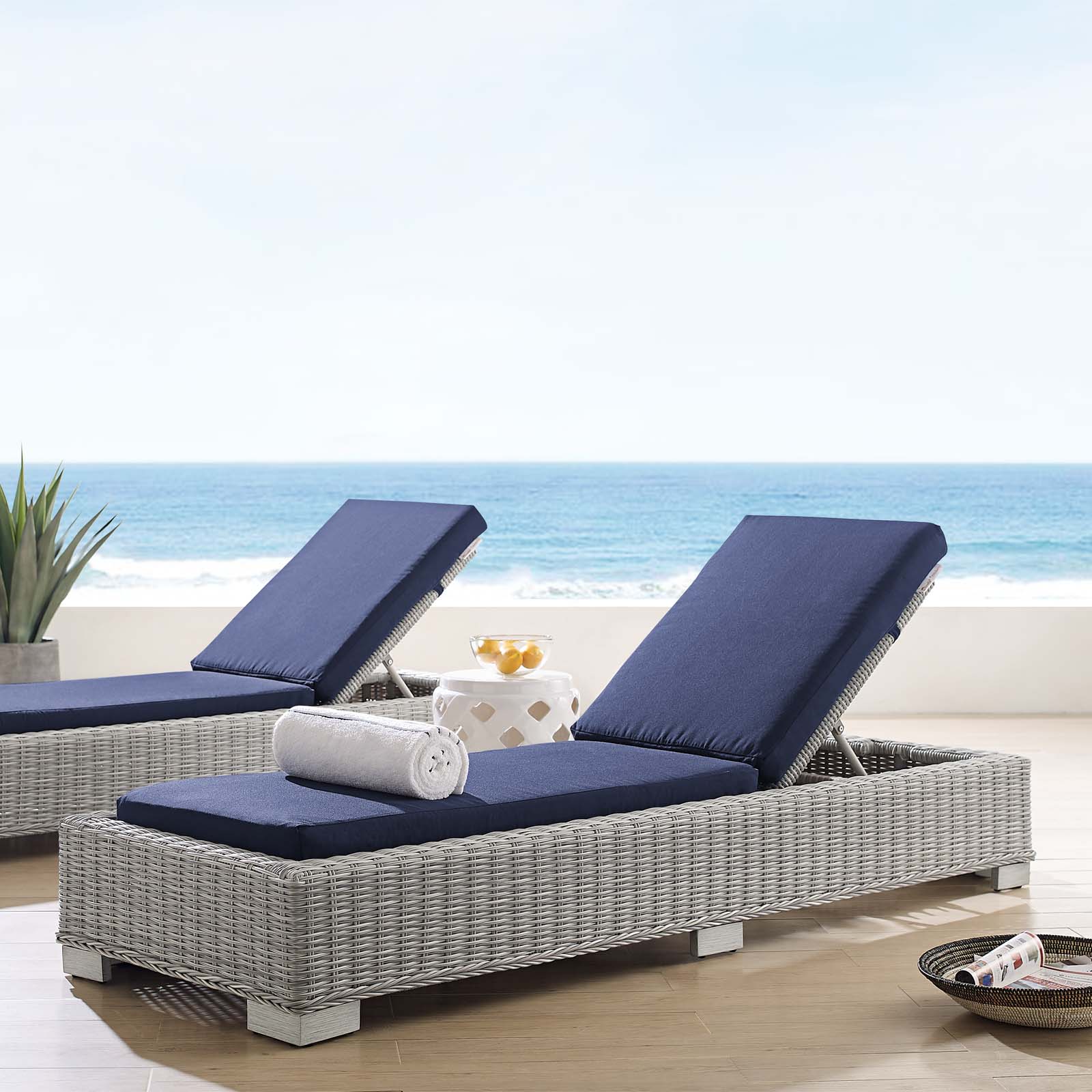 Modway Conway Sunbrella? Outdoor Patio Wicker Rattan Chaise Lounge in Light Gray Navy - image 1 of 10