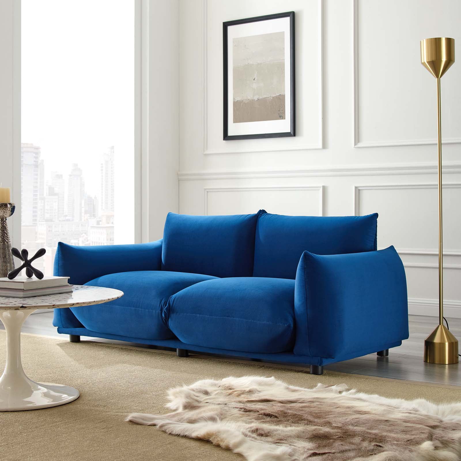 Navy Plush Velvet Loveseat with Solid Wood Frame