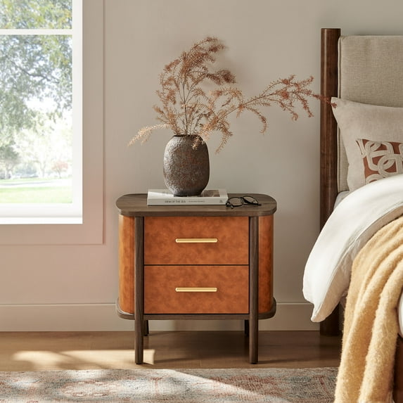 Coralie 2-Drawer Curved Vegan Leather Nightstand in Walnut Tan