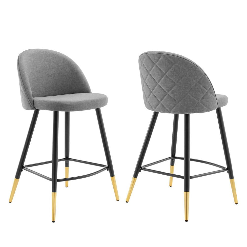 Light Gray Upholstered Metal Counter Stools with Gold Accents