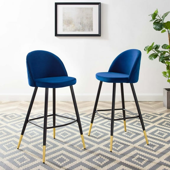 Modway Cordial 29.5" Velvet & Metal Bar Stools in Black/Navy (Set of 2)