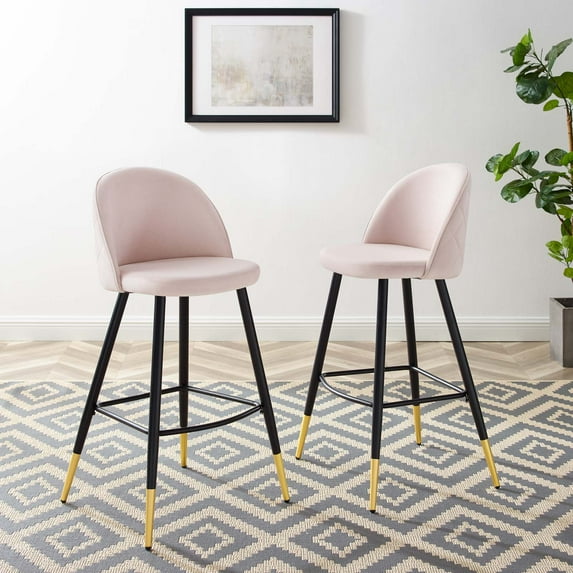 Modway Cordial 29.5" Velvet & Metal Bar Stools in Black/Pink (Set of 2)