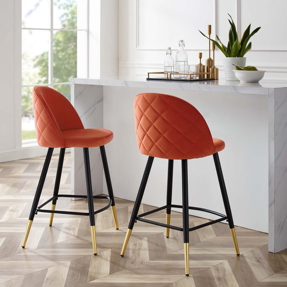Modway Cordial Performance Velvet Counter Stools - Set of 2 in Orange