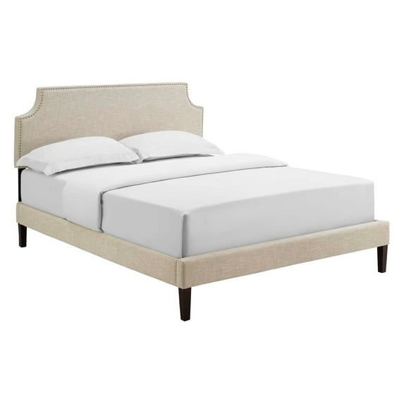 Corene King Fabric Platform Bed with Squared Tapered Legs Beige