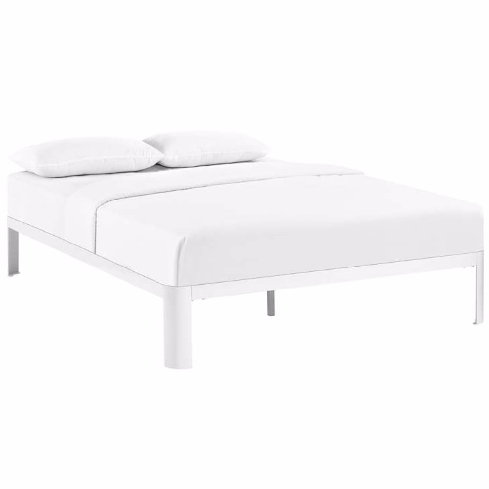 White Full Metal Bed Frame with Wood Slats