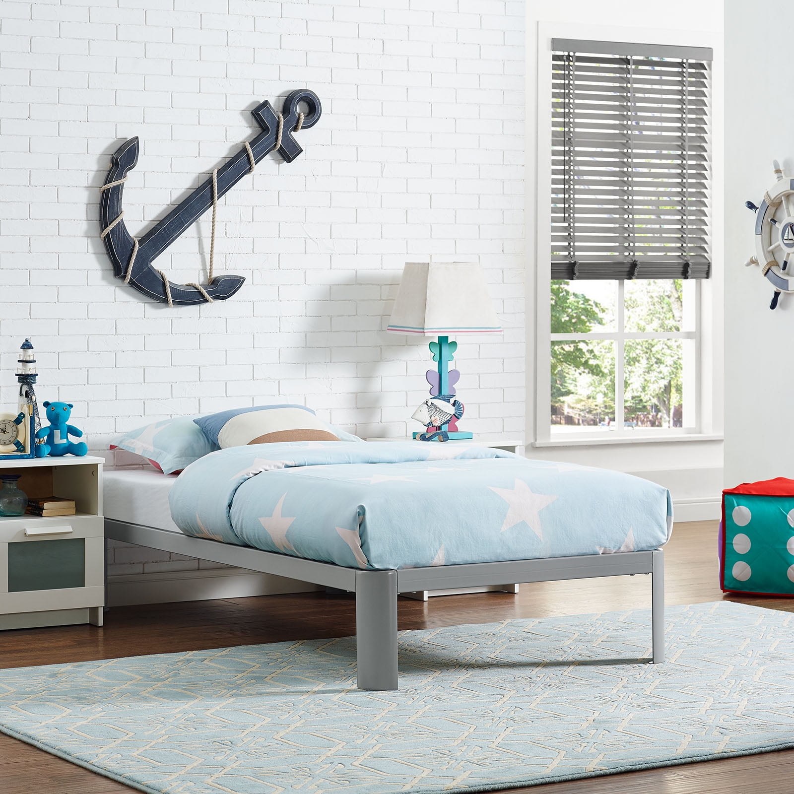 Gray Twin Metal Bed Frame with Slats and Drawer