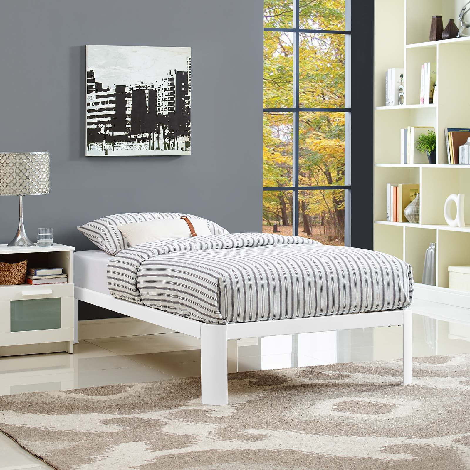Sleek White Twin Metal Frame Bed with Wood Slats