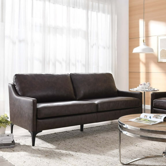 Modway Brown Leather Mid-Century Modern Sofa, Upholstered, 74.5" x 32" x 33.5", 89 lbs