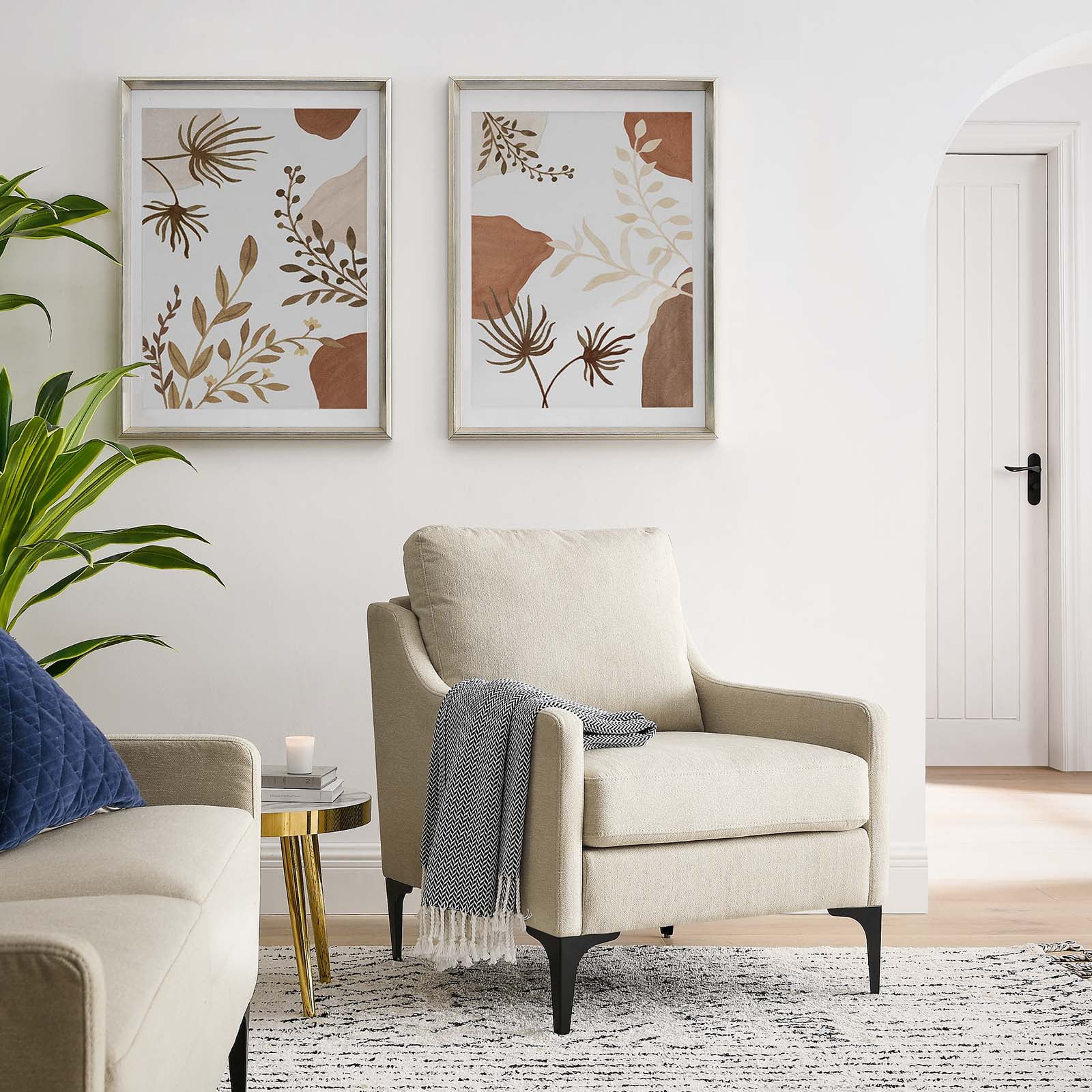 Beige Mid-Century Modern Upholstered Accent Chair with Tapered Legs