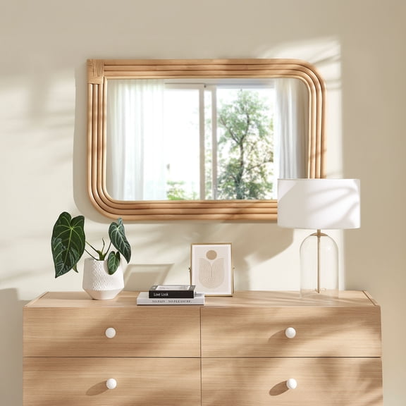 Modway Corsica Curved Rectangle Rattan Wall Mirror in Natural