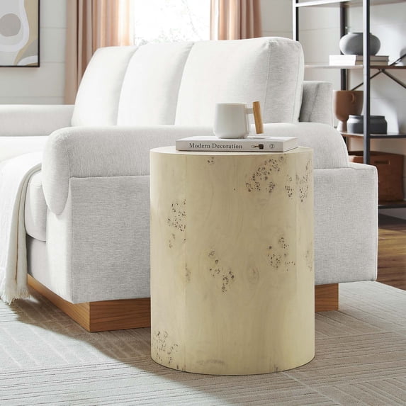 Modway Cosmos 16" Round Burl Wood Side Table in Bleached Burl