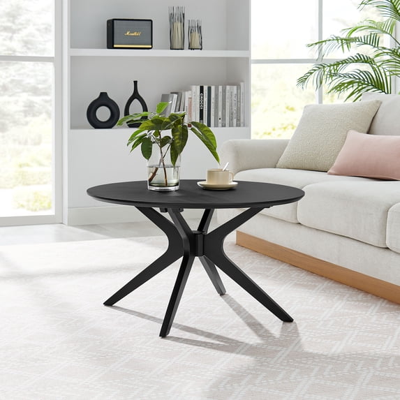 Modway Crossroads Round Wood Coffee Table Ash Wood Veneer in Black