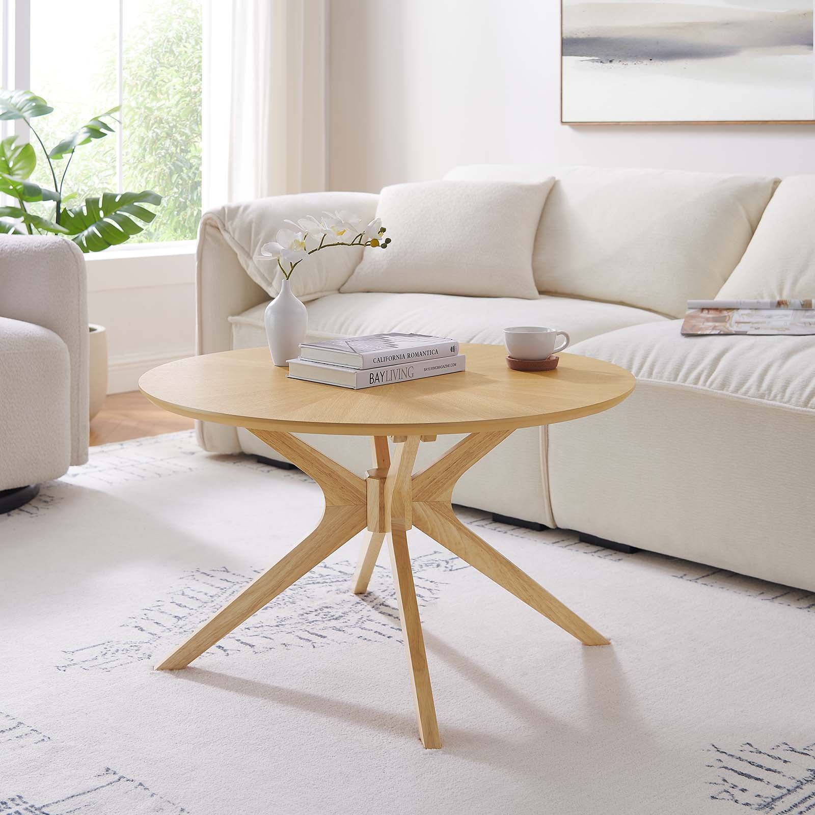 Crossroads 32" Round Oak Wood Coffee Table with Intersecting Base