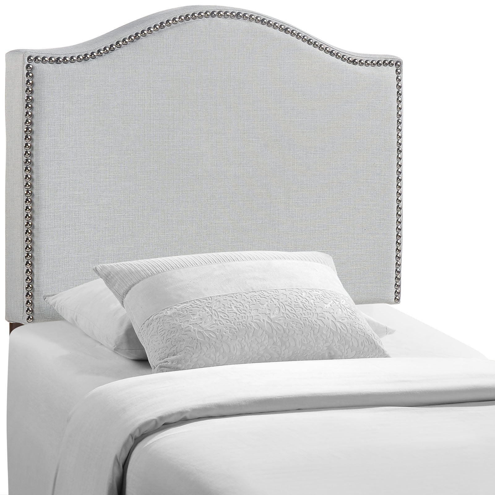 Sky Gray Twin Upholstered Linen Headboard with Nailhead Trim