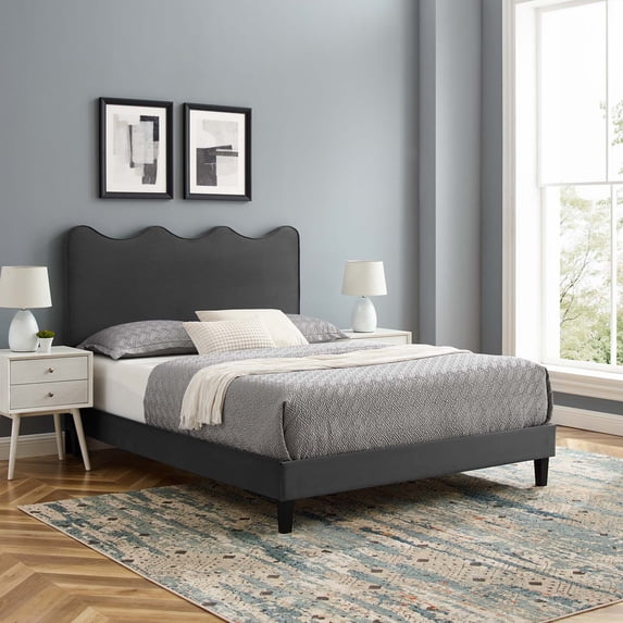 Modway Current Performance Velvet Full Platform Bed in Charcaol