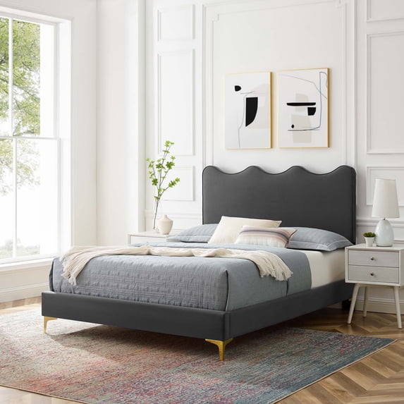 Modway Current Performance Velvet Full Platform Bed in Charcoal