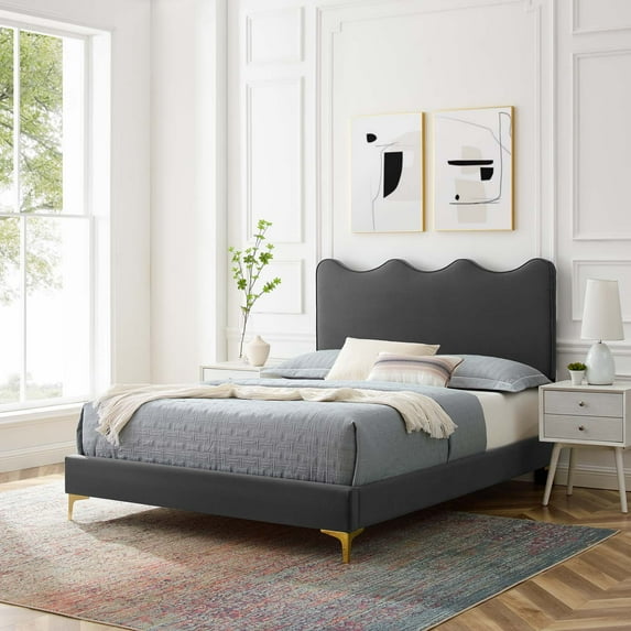Modway Current Performance Velvet Twin Platform Bed in Charcoal