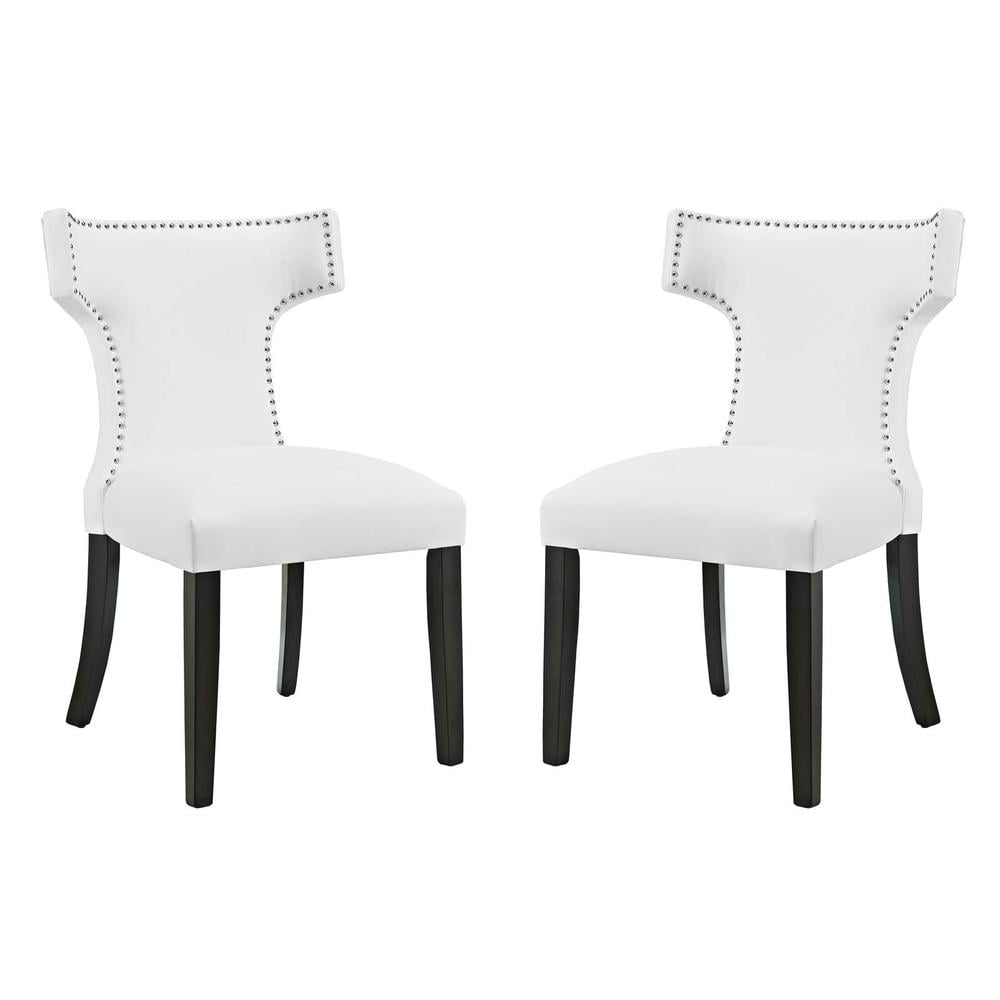 White Vinyl Upholstered Side Chair with Black Wood Legs, Set of 2
