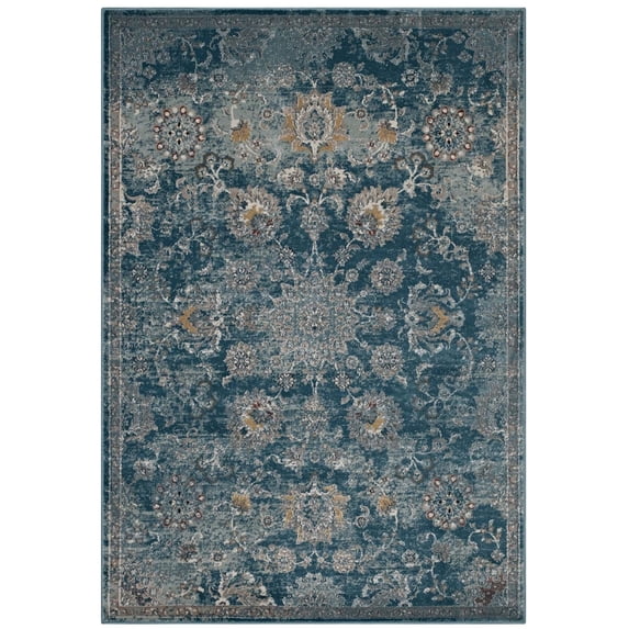 Modway Cynara Distressed Floral Vintage Medallion 8x10 Area Rug in Silver Blue, Teal and Beige