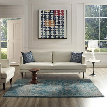 Modway Cynara Distressed Floral Vintage Medallion 8x10 Area Rug in Silver Blue, Teal and Beige