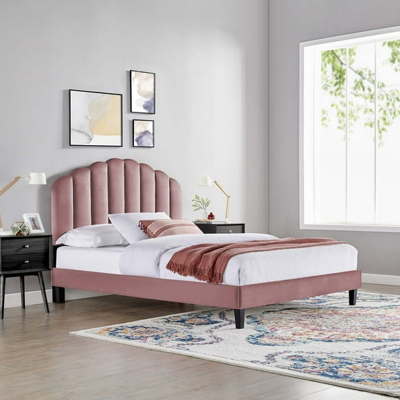 Modway Daisy Performance Velvet Queen Platform Bed in Dusty Rose