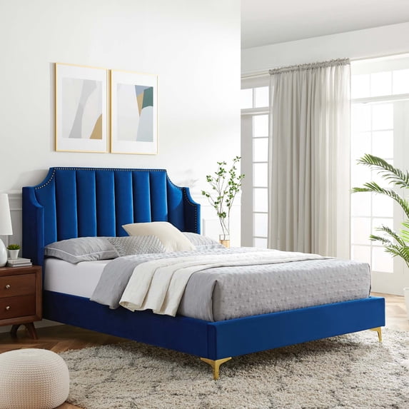 Modway Daniella Performance Velvet Queen Platform Bed in Navy