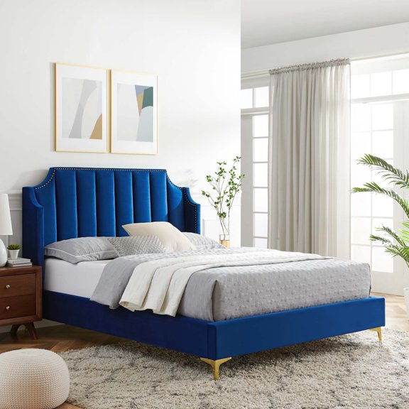 Modway Daniella Performance Velvet Queen Platform Bed in Navy