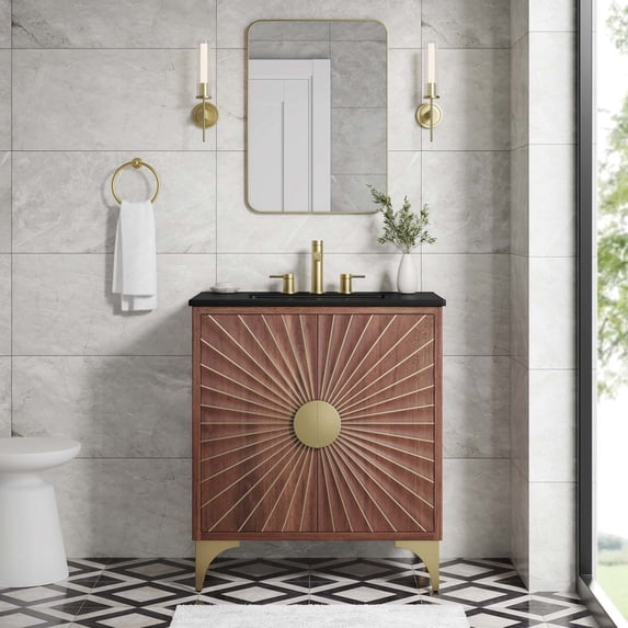 Modway Daylight 30" Solid Mango Wood Bathroom Vanity in Black/Walnut