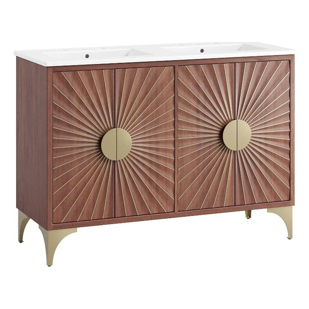Daylight 48" Double Sink White Walnut Bathroom Vanity with Brass Base