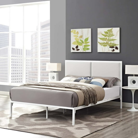 Modway Della King Faux Leather Panel Metal Bed in White