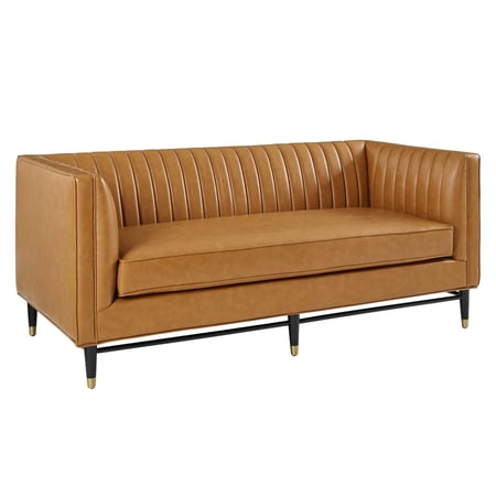 Modway Devote Channel Tufted Faux Leather Loveseat in Tan/Black