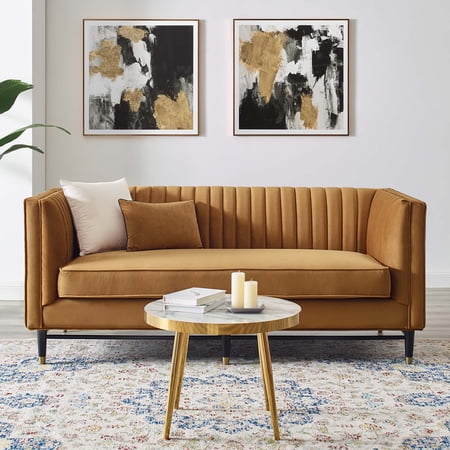 Modway Devote Channel Tufted Performance Velvet Loveseat in Cognac