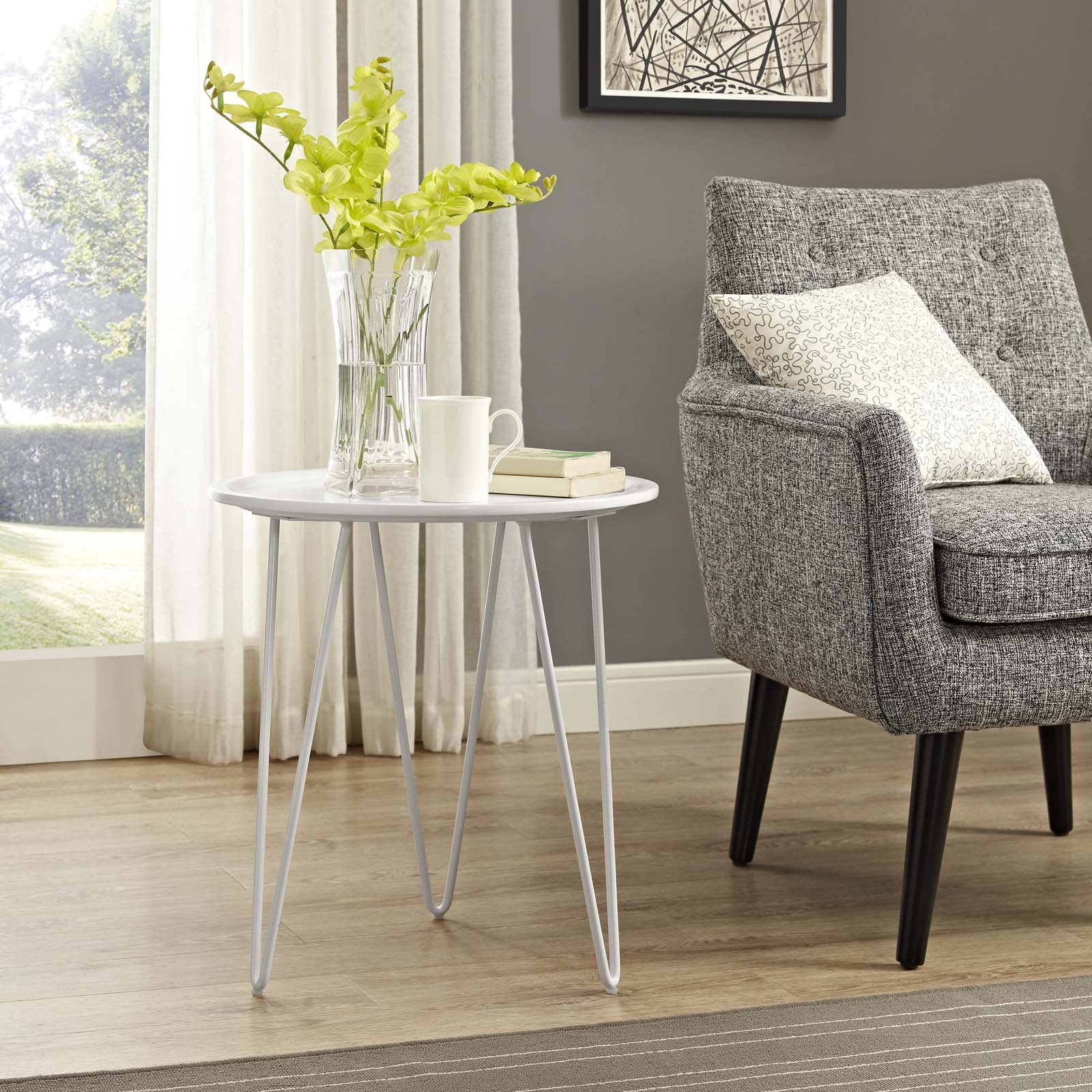 White Round Wood and Metal Hairpin Leg Side Table