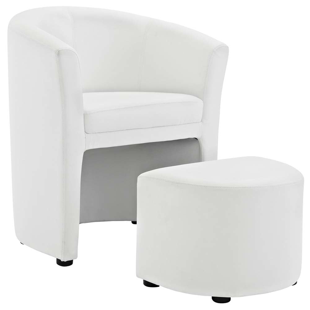 Elegance White Faux Leather Barrel Armchair with Ottoman