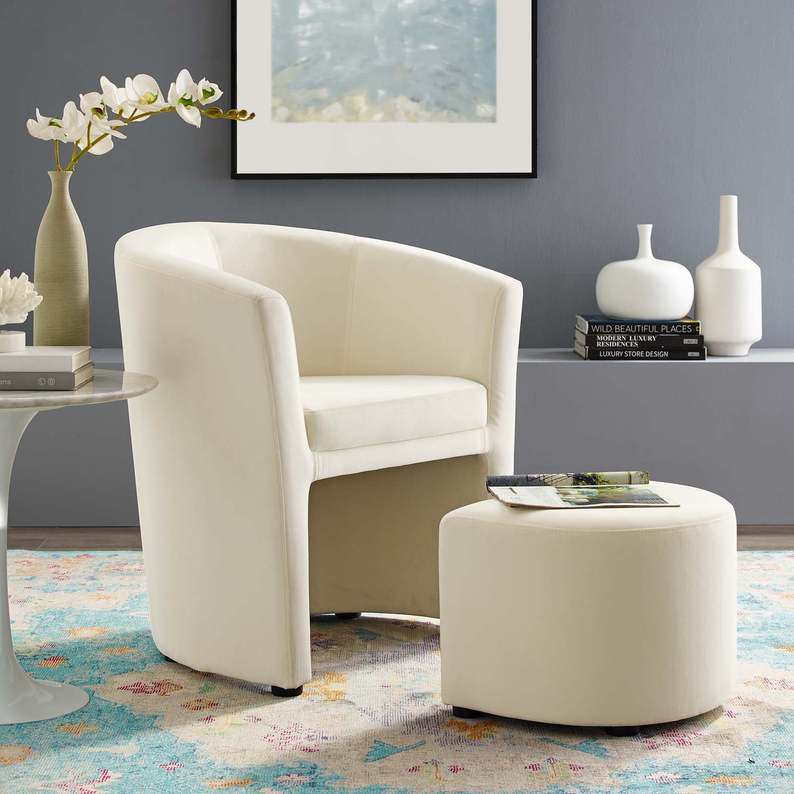 Modway Divulge Performance Velvet Arm Chair and Ottoman Set in Ivory