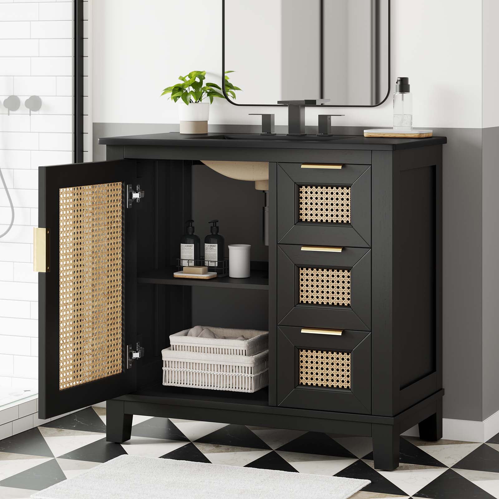 Modway Dixie 36” Solid Wood Bathroom Vanity Cabinet in Black Black