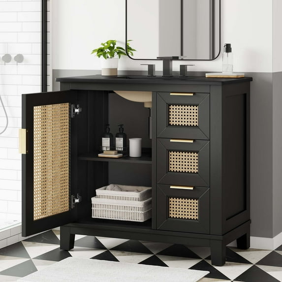 Modway Dixie 36” Solid Wood Bathroom Vanity Cabinet in Black Black