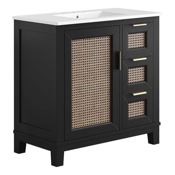 Modway Dixie 36" Solid Wood Bathroom Vanity Cabinet in Black and White