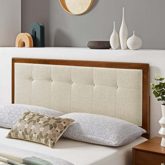 Modway Draper Tufted Full Fabric and Wood Headboard in Walnut/Beige